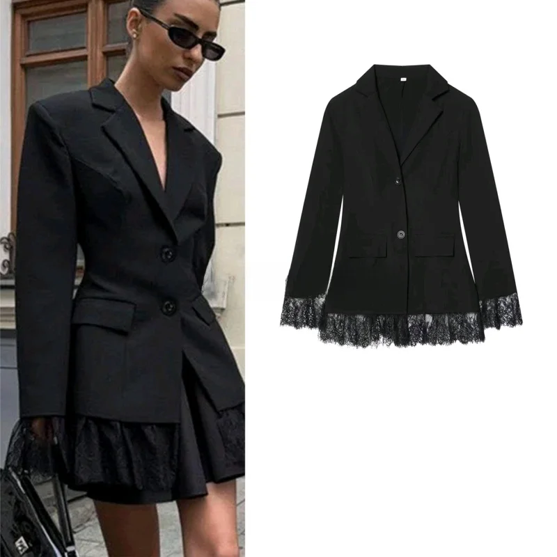 Costume d'affaires pour femmes Jaet hiver nouveau Sle Long Sve coupe ajustée dentelle épissage taille cintrée trajet Sle bouton unique