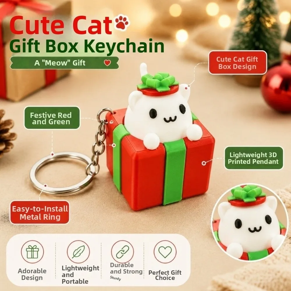 3D Printed Christmas Clicker Keychain Gift Box Shape Cute Button Press Key Ring Kawaii Style Cat Fidget Bag Cat Keychain