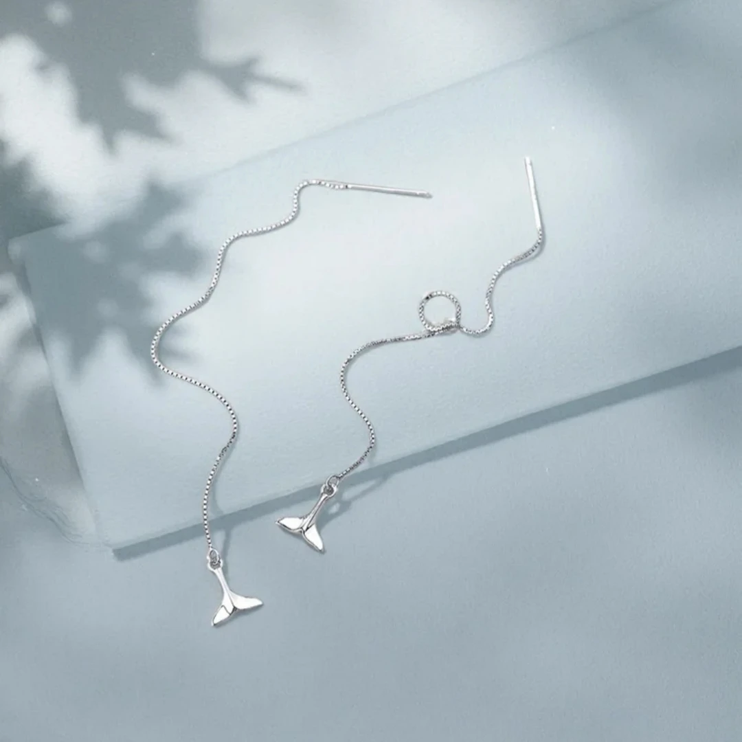 925 Sterling Silver Animal Fish Tail Pendant Drop Earrings for Women Temperament Animal Whale Dangle Ear Line Fashion Jewelry