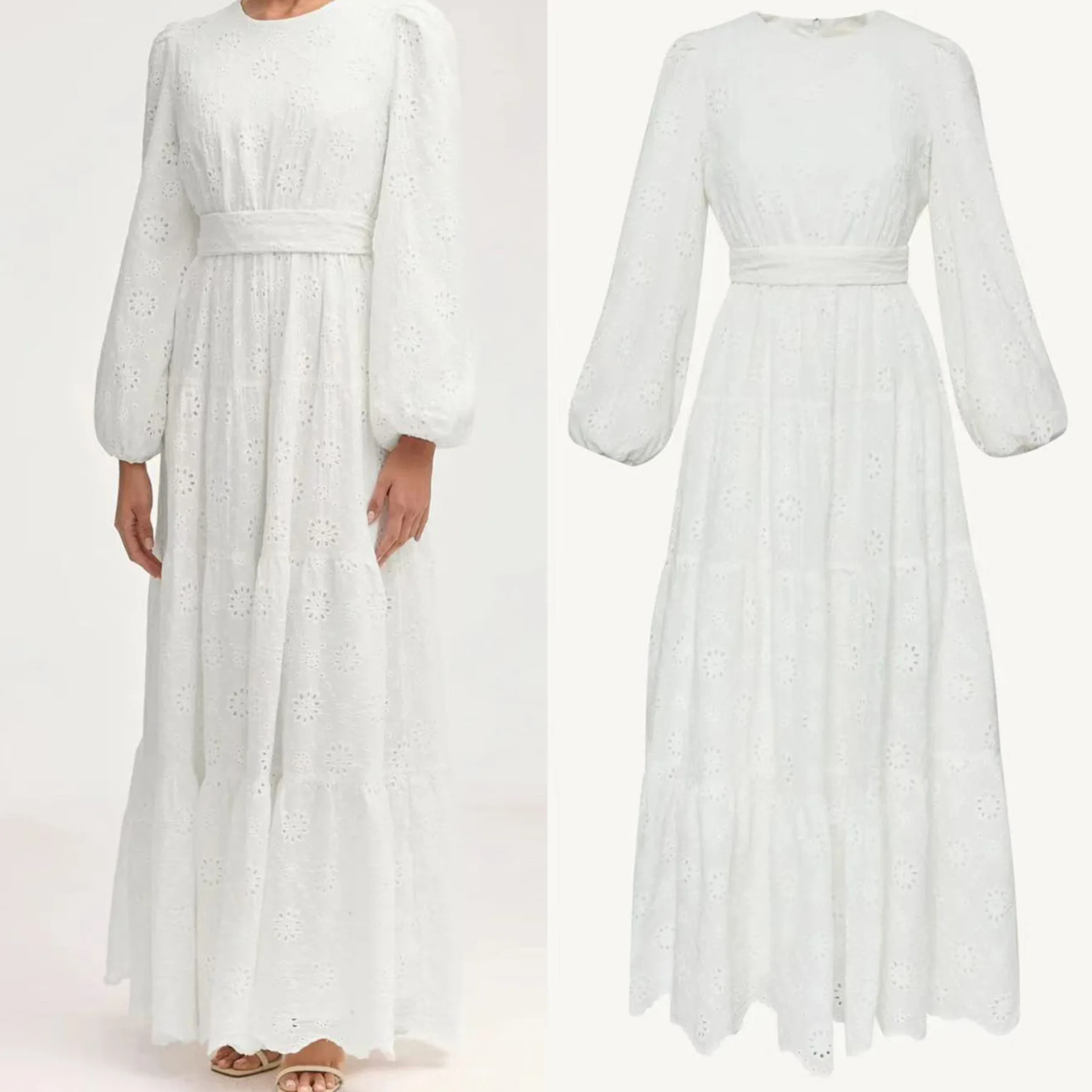 FW25 MIZON novo vestido feminino de algodão branco estilo fada de manga comprida com bordado requintado e floral recortado e cinto