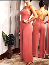 Women's Elegant Jumpsuit Retro Everyday Solid Color V-Neck Halter Backless Sleeveless Women's Loose Wide Leg Jumpsuit 2024