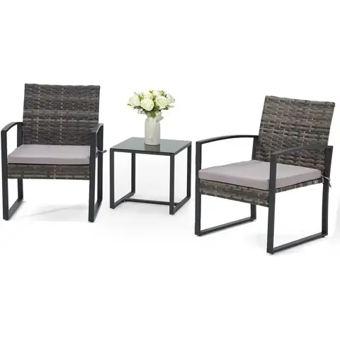 3-Piece Outdoor Patio Furniture Set, Rattan Bistro with Coffee Table, Steel Frame, Cushioned Chairs for Garden, Balcony, Poolsid