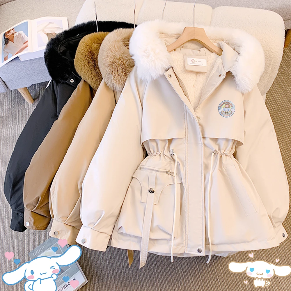 Kawaii Cinnamoroll Winter Jacket Women Down Coat Anime Sanrio Kuromi Thicken Parka Female Warm Cotton Clothes Tops Fur Collar