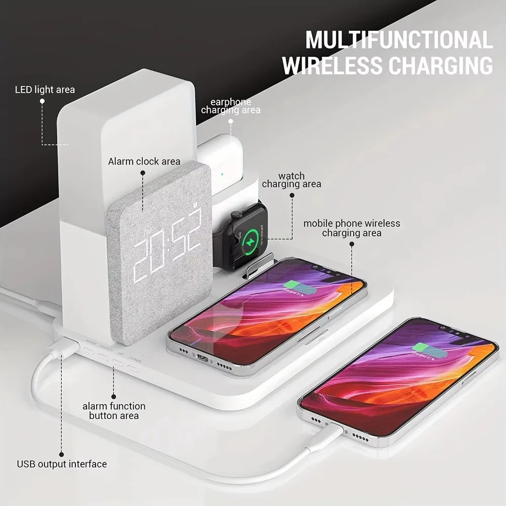 

4-in-1 15W Wireless Charging Station with Alarm Function Suitable for Smartphones Such As IPhone Huawei Xiaomi Samsung LG Etc