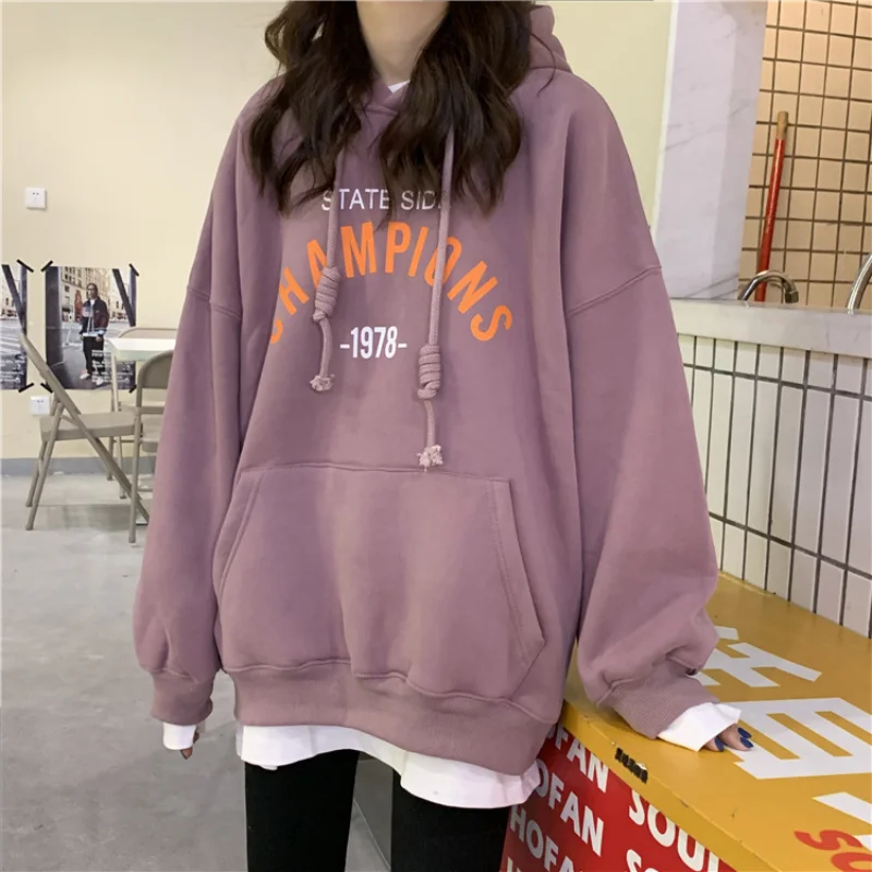 2024 New Women Letter Printed Hooded Sweatshirt Student Long Sleeve Loose Plush Pullover Hoodies Top for Autumn Winter