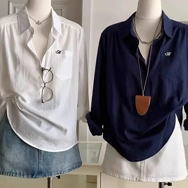 Retro Hong Kong Style Long Sleeve Women's Shirt Summer New Loose Thin Sun Protection Korean Style Top Polyester Rayon Blend