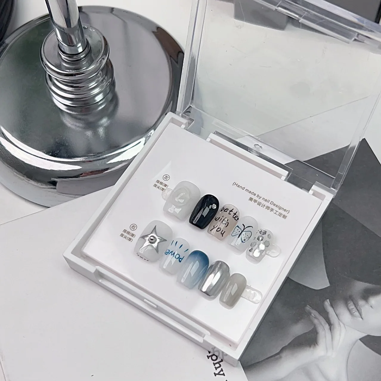 10 Uds Y2k ataúd corto hecho a mano prensa en uñas dulce fresco plata patrones de estrellas uñas postizas brillantes acrílico usable Ins juego de uñas