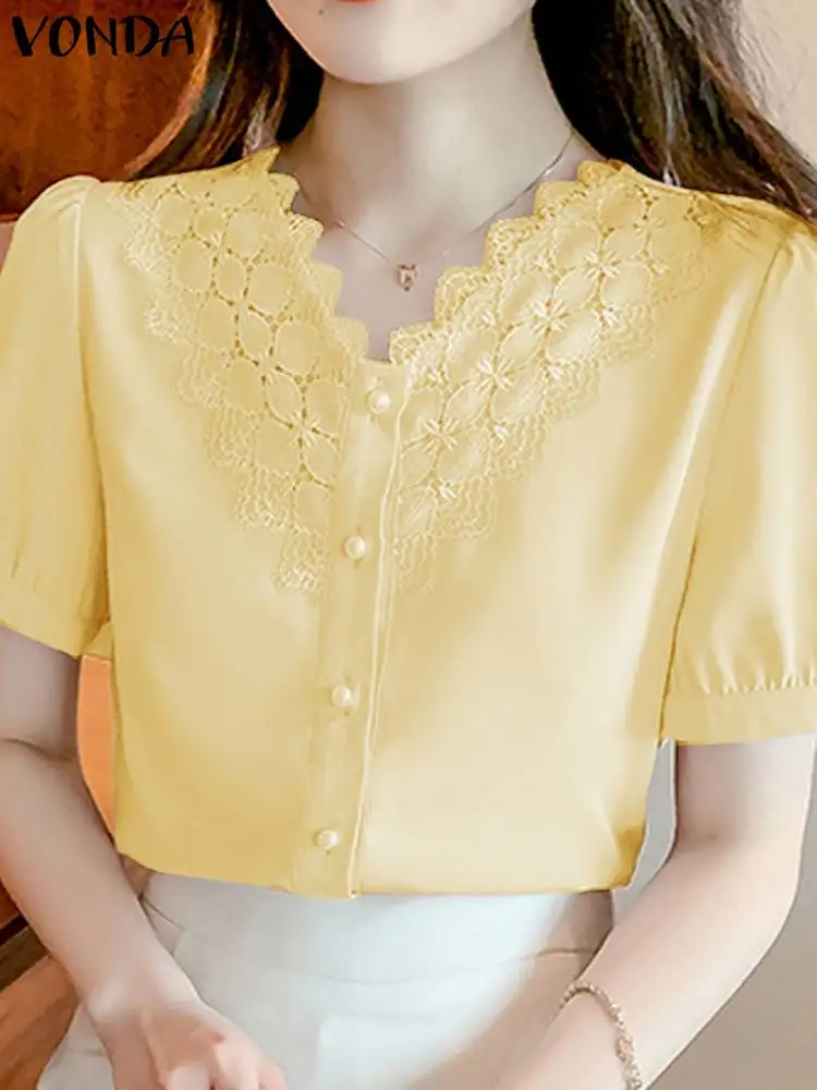 VONDA 2024 Summer Women Lace Shirt Elegant Solid Color Fashion Blouse Short Sleeve Tops Casual Loose V Neck Blusas Oversized