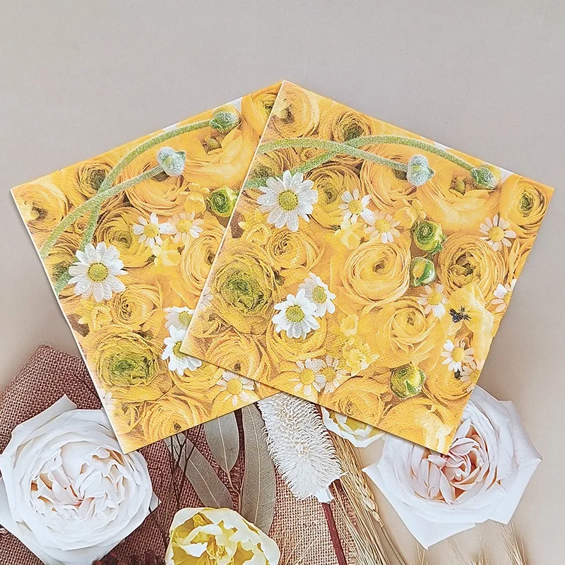 2026 New Yellow Rose Printed Disposable Napkins Tissues Party Supplies for Weddings Party Festivals Anniversary Celebrations