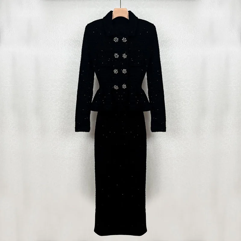 Woman clothingy2k fall and winter double-breasted drill sequins tweed long-sleeved Dresses2024 Slim and thin dresses for prom