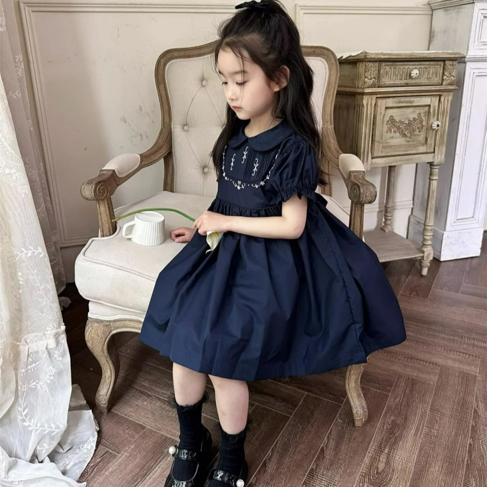 Girl\'s Navy Blue Embroidered Lapel Dress Back Tie 2025 Summer New Item for Baby Girls Retro Style Short Sleeved Princess Dress