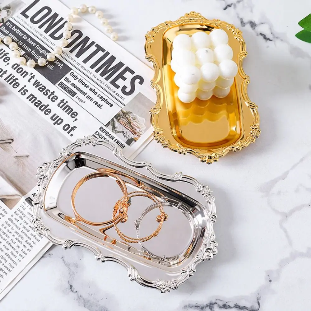 

European Style Vintage Embossed Tray Gold/Silver Embossed Design Desserts Plate Iron Stainless Steel Jewelry Decoration Plate