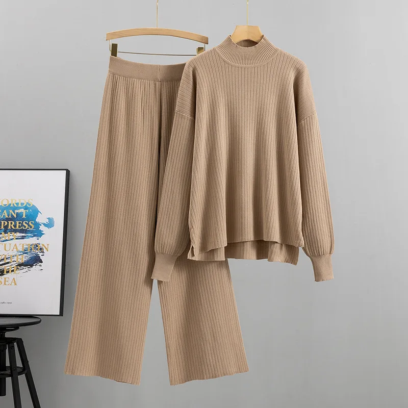 

Women Two Piece Sets Autumer Winter High Waist Wide Leg Pants Knit Sweater O Neck Long Sleeve Top Casual Warm Pant Sets E1310