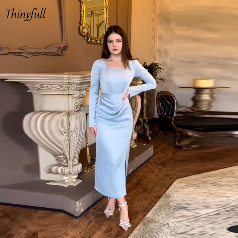 Thinyfull Mermaid Satin Prom Dresses Square Collar Full Sleeves Evening Party Gown Lace Up Dubai Long Special Occasion Dress