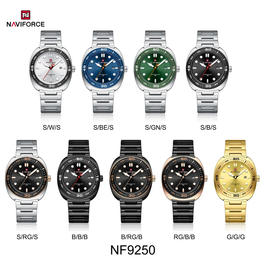 NAVIFORCE NF9250 العلامة التجارية للرجال الرياضة الفاخرة الفولاذ المقاوم للصدأ حزام 30 متر مقاوم للماء عرض التاريخ كوارتز ساعة اليد