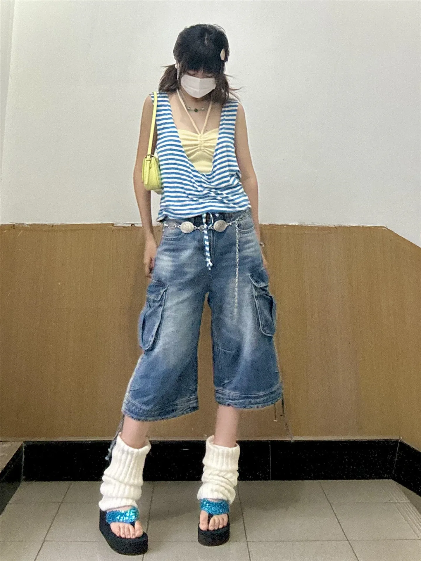 

American Style Retro Blue Low Waist Seven-Foot Denim Jeans Women Summer Loose Slim Multi-Pocket Washed Workwear Pants