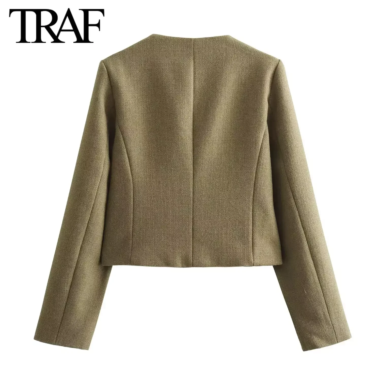 TRAF Women Fashion Autumn Winter Single-breasted Textured Round Neck Flip Pocket Short Jacket Coat Chic Ladies Tops Mujer