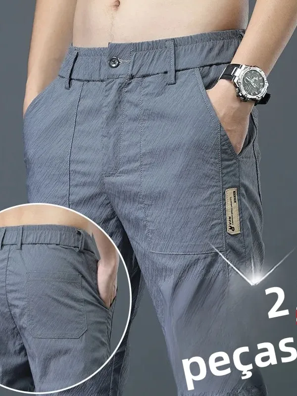 Calças Casuais Finas de Verão para Homens em Seda Gelada, Respiráveis, Soltas, de Perna Reta, Estilo Business Casual, Calças ...