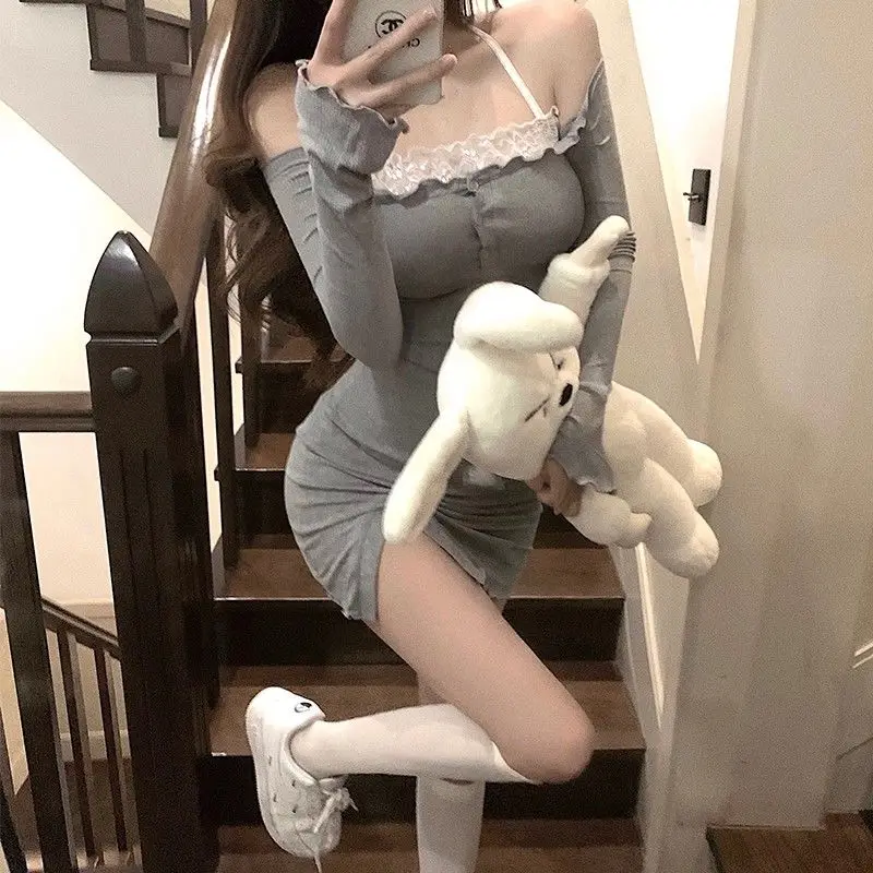 Vintage Party Women\'s Sundresses Prom Crochet Sexy Short Slip Shirts Dress Bodycon Sklinky Mini Knit Off Shoulder Backless Grey