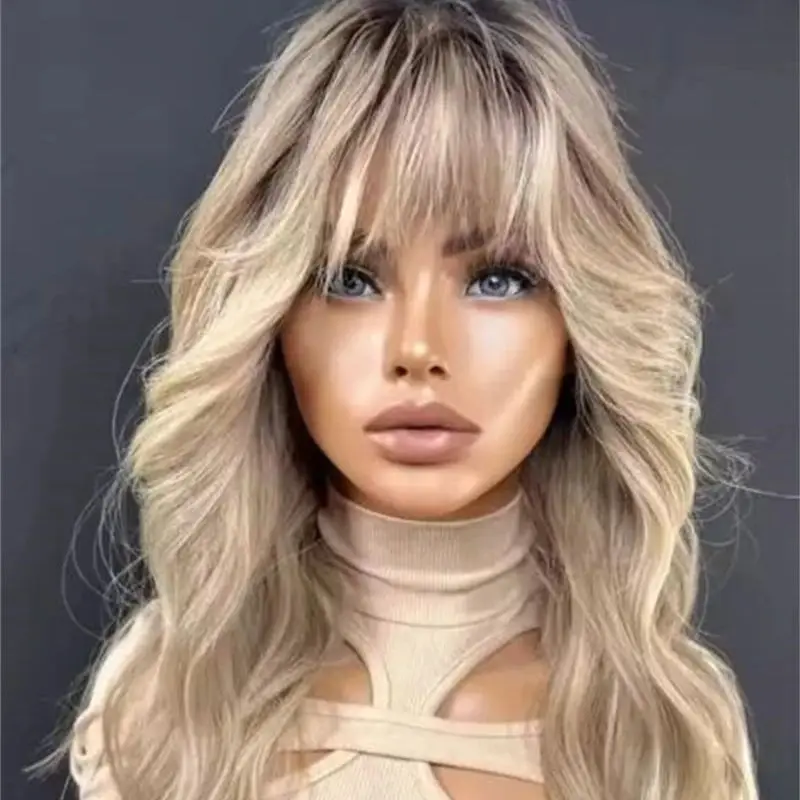 

Ombre Platinum Blonde HD Transparent Lace Front Wig Short Body Wave Bob With Bangs Natural Preplucked Hairline Human Hair 16Inch