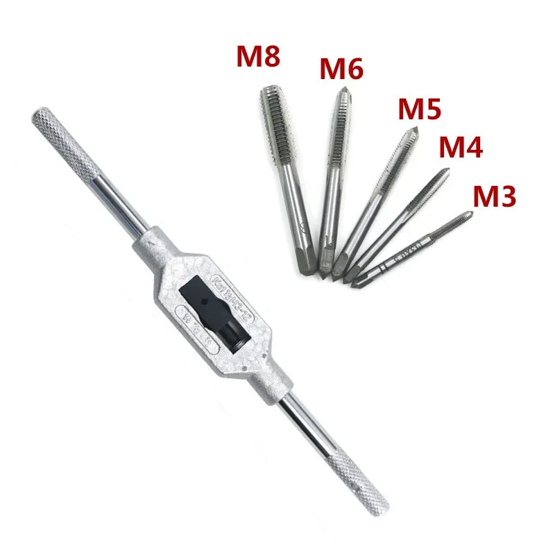 8Pcs Hss Hand Screw Tap Die Wrench Schroefdraad Metric Plug Tap M3 M4 M5 M6 m8 M8 M12 Met Verstelbare Tap Wrench 1/16-1/2