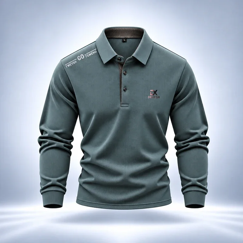 Mens Long Sleeve Polo Shirt Lapel Collar Three Button Placket Shoulder And Chest Letter Print Soft Casual Daily Wear Tops