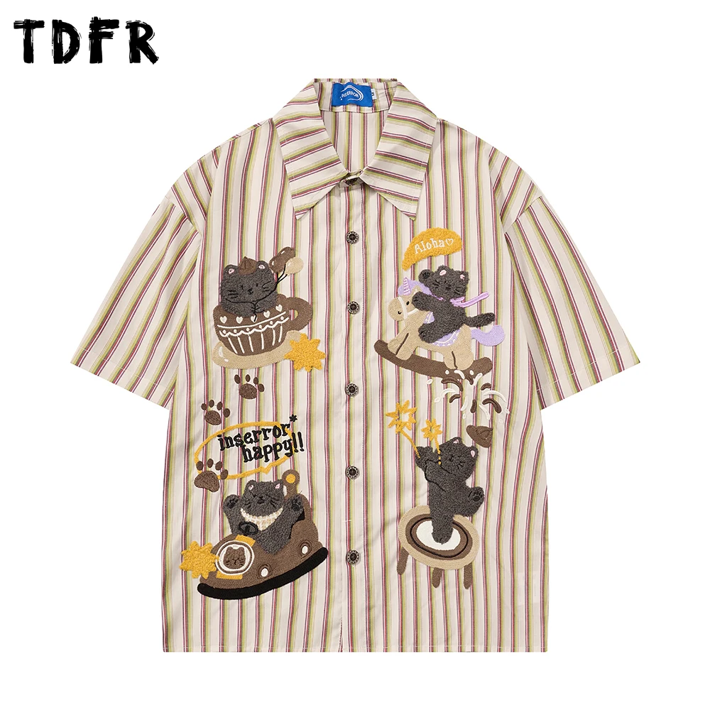 

Cartoon Embroidery Short Sleeve Striped Shirts Mens Summer Retro Casual Lapel Single Breasted Loose Half-Sleeve Cotton Shirts