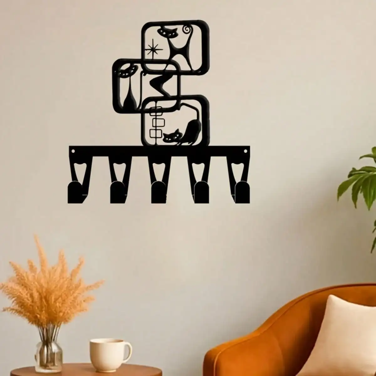 CIFBUY Metal Wall Art Minimalist Cat Silhouette Key Holder Multifunctional Iron Art Apartment Office Decor Hanging Gift