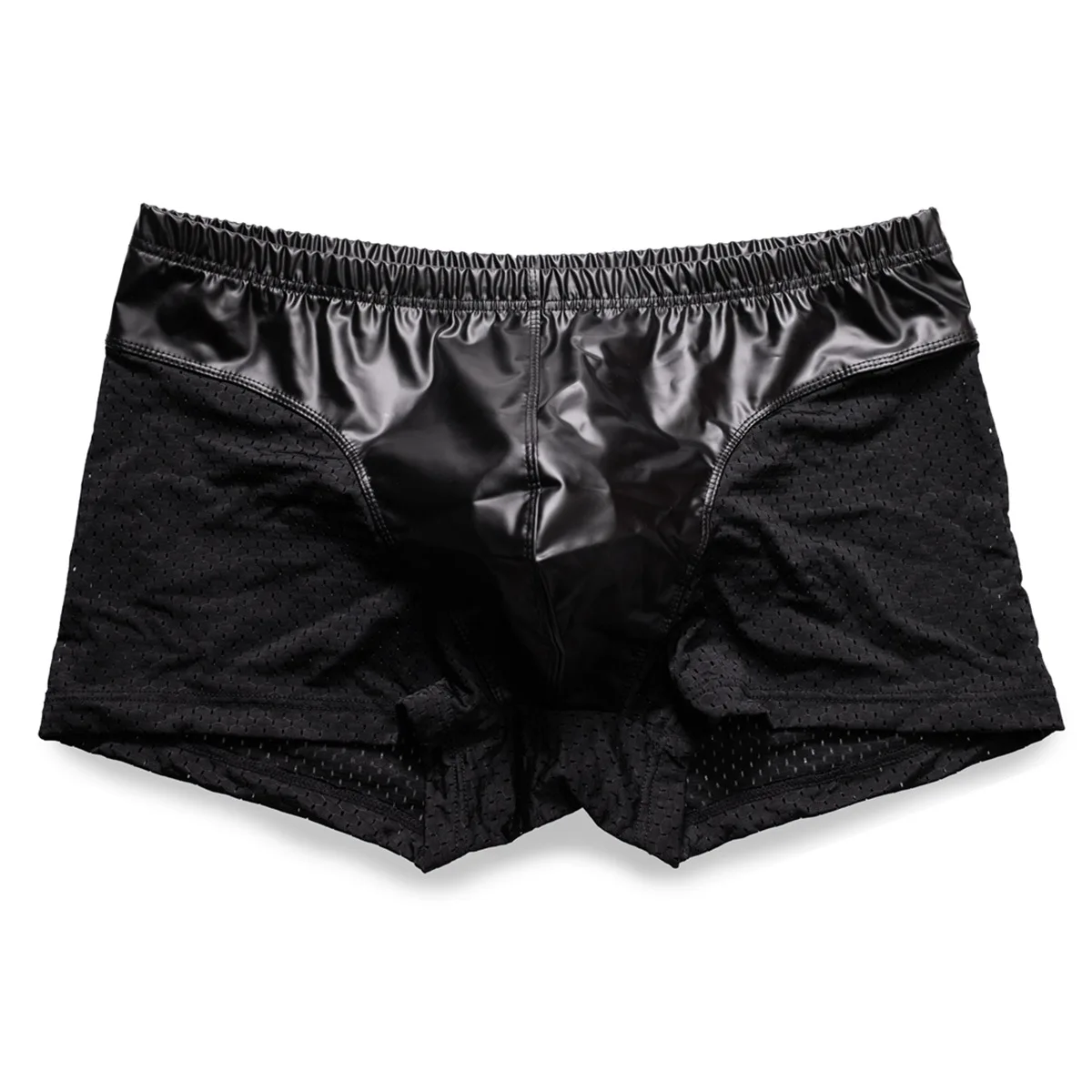 Men Underwear Boxer Short Homme Black Faux Leather Mesh Panties Man Breathable U Convex Pouch Underpants Cueca Calzoncillo