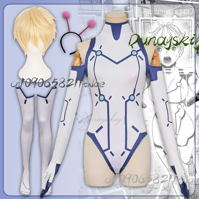 Disfraz de Anime Dan Dadan Bamora, traje blanco para batalla, antena extraterrestre, peluca de 30CM para fiesta de Halloween, traje de Carnaval