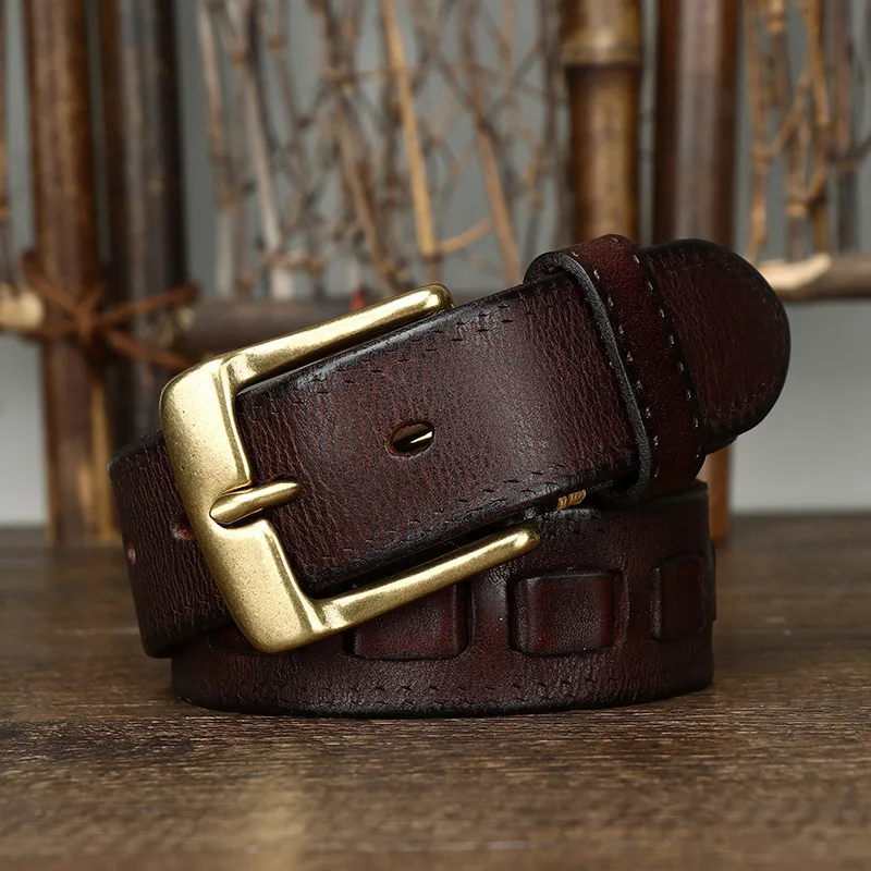 Men's retro fashion trend all-match pure cowhide copper buckle genuine leather belt casual braided belt