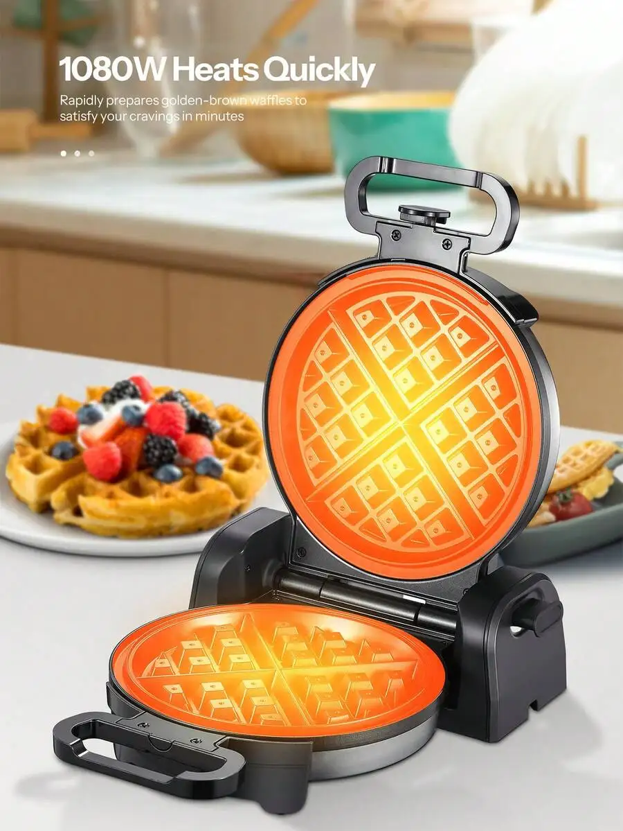 Waffle aker, Round Classic Beian Waffle Iron With 180°Rotating Den, Nonstick Plates & Cool Touch Handle, 1080 W Fast Heatin