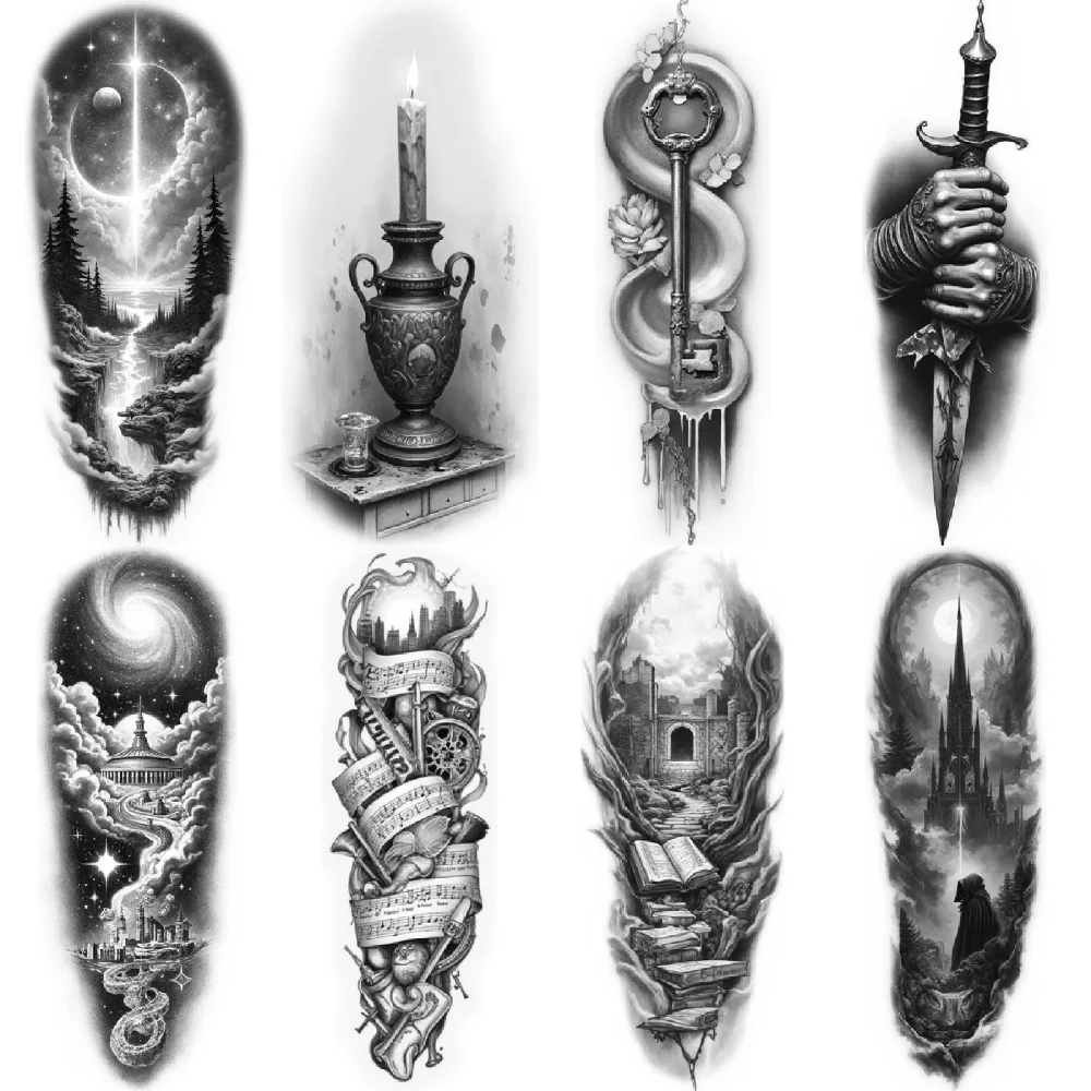 3pcs Temporary Tattoo Musical Instruments Waterproof Long-lasting Body Stickers Gothic Cathedral Castle And Bird For Adults