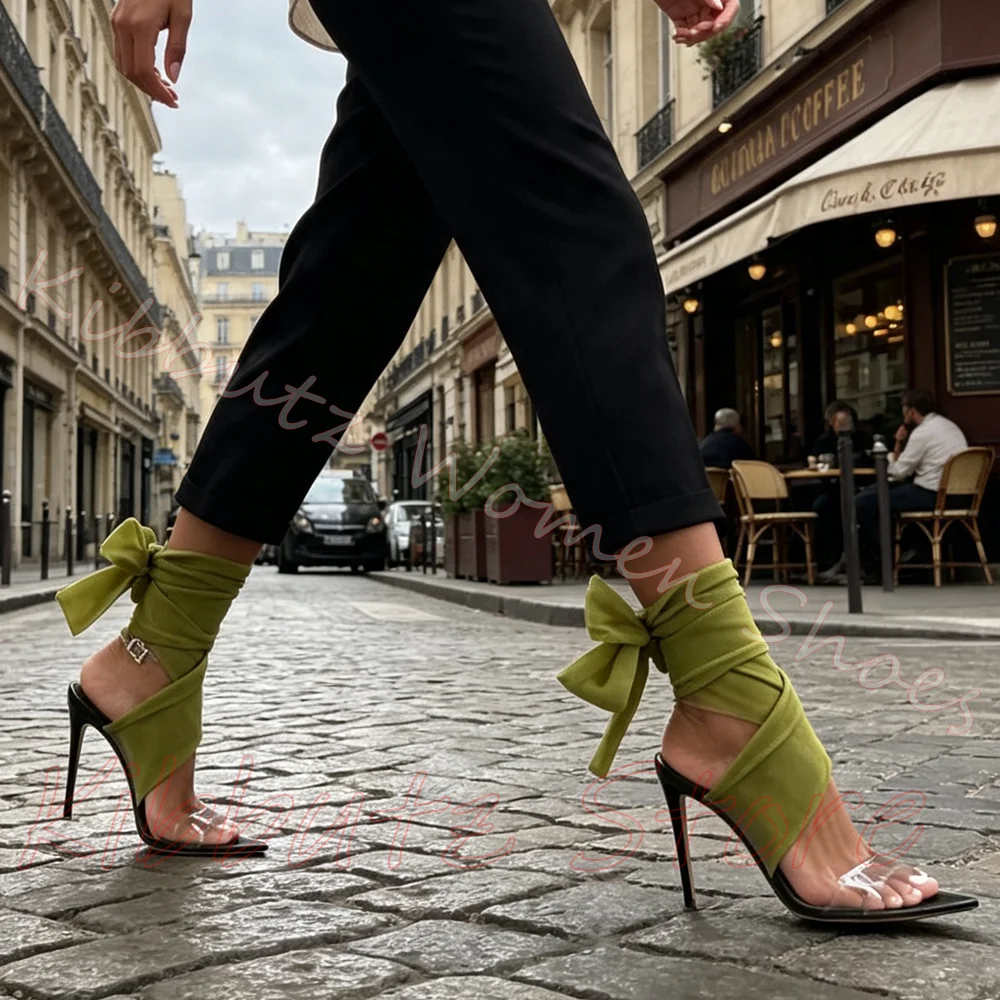 Mesh Wrap Ankle Sandals Bow Tie Stiletto Heel Peep Toe Buckle Back Y2K Party Women Shoes Mixed Color Fashion Elegant Elegant New