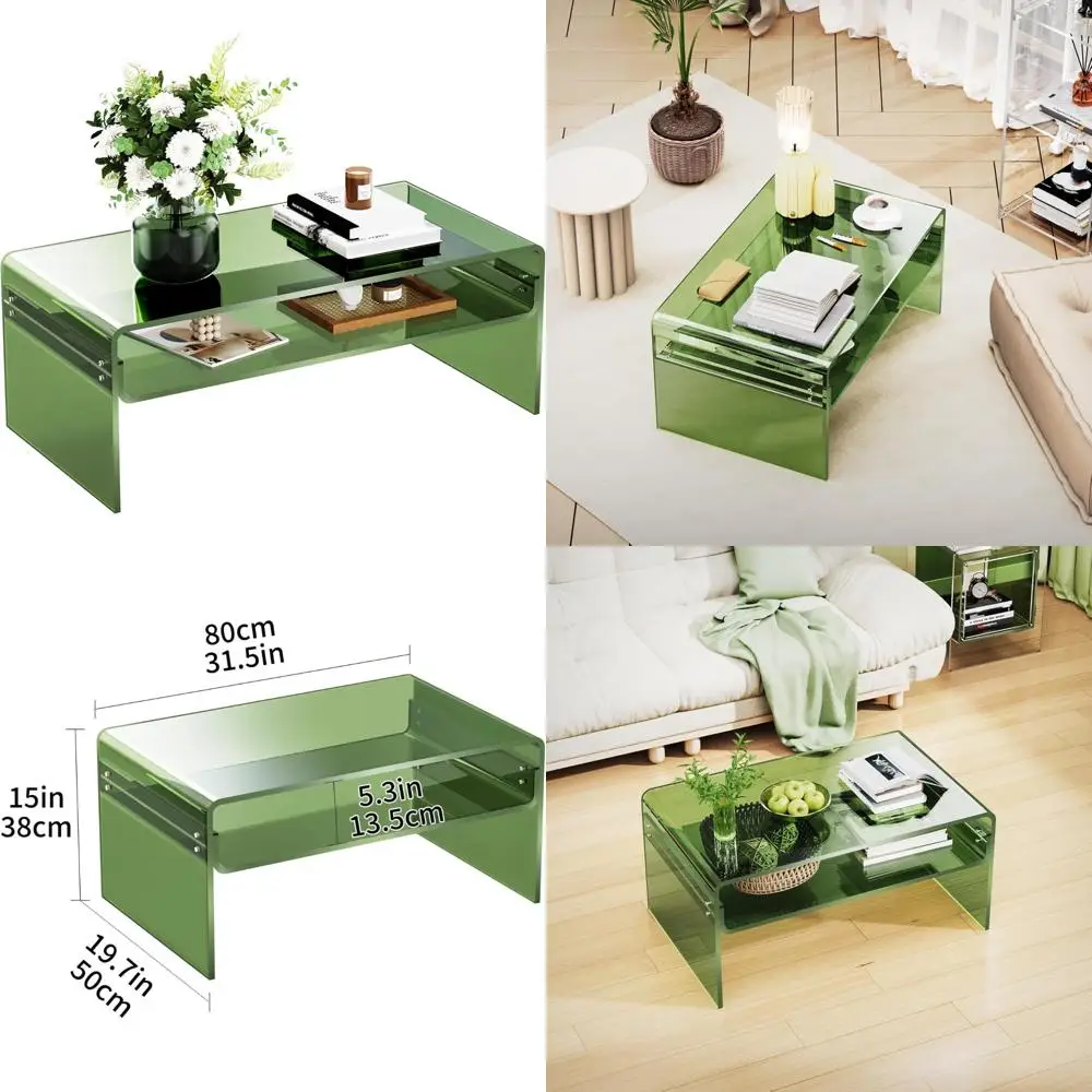 

Clear Rectangular Acrylic Coffee Table with Green Open Storage Shelf for Living Room (Large Size)