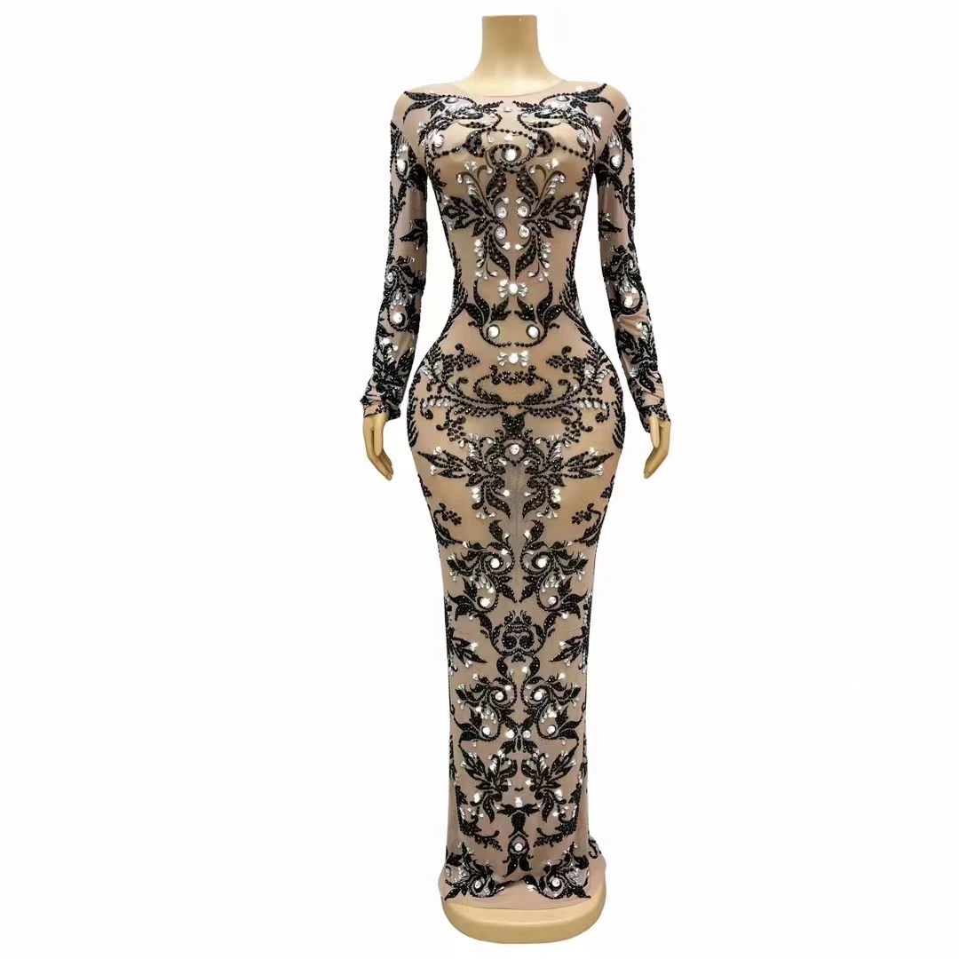 

Women Evening Party Birthday Prom Rhinestones Bodycon Dress Print Rhinestones Mesh Stretch Long Dress Stage Performance Costume