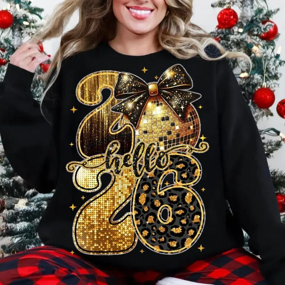 سنة جديدة سعيدة 2026 هوديي العصرية ليلة رأس السنة البلوز الأسود والذهبي الترتر بريق القمم فو ليوبارد السنة الجديدة البلوز #1