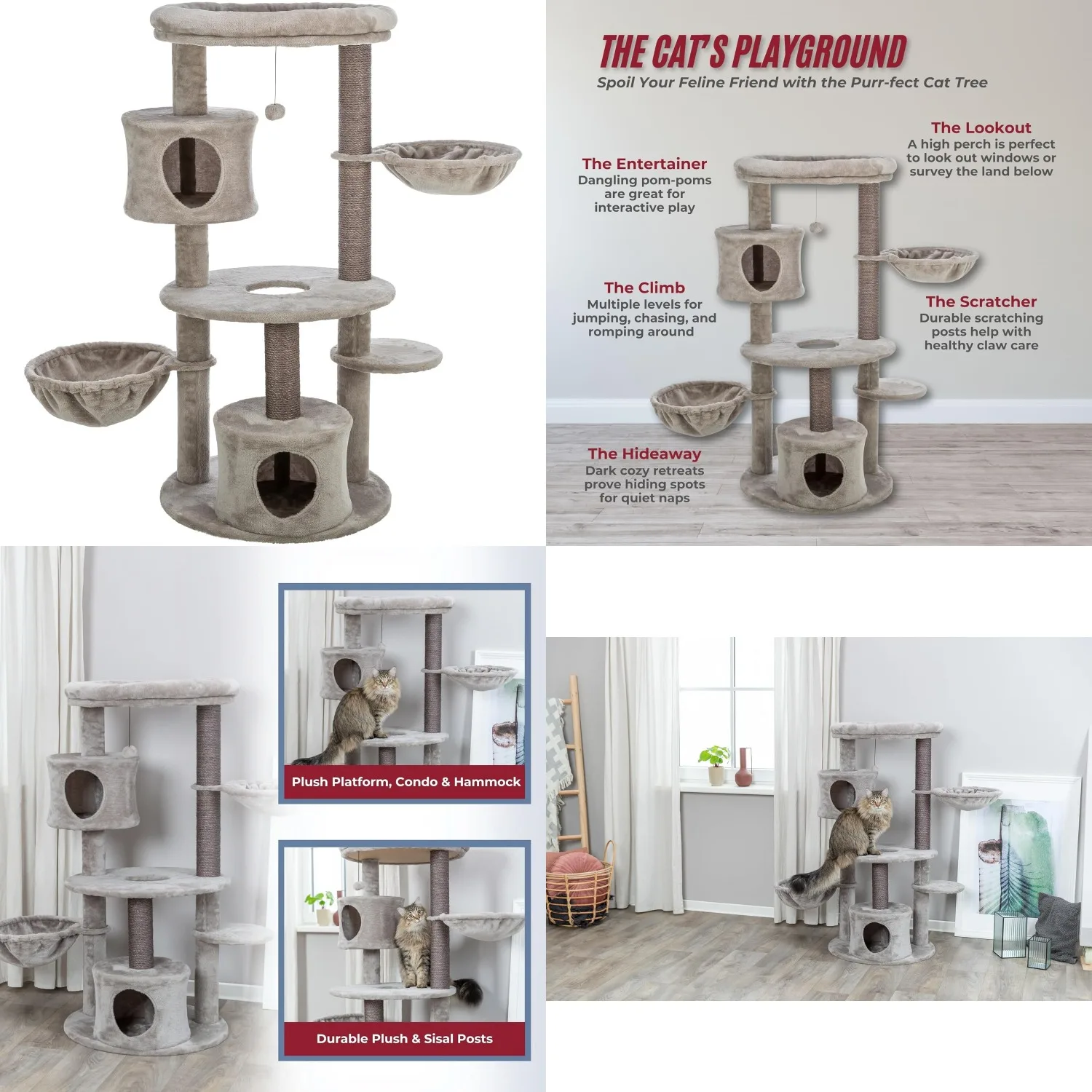 

Anna Cat Tree – Cat Tower with Sisal Posts, Dual Hammocks, Caves & Hanging Toy – Indoor Cat Furniture for, Customized