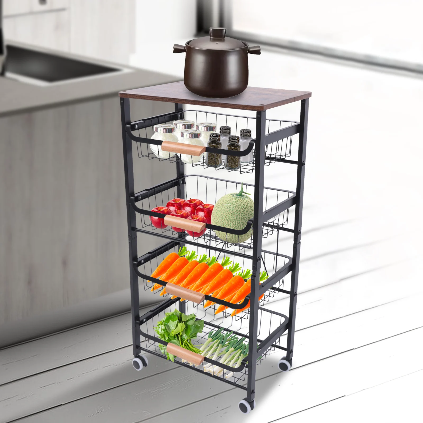 

4 Tier Rolling Utility Cart Mobile Storage Organizer fit Kitchen Bathroom Office Utility Cart Mesh Storage Basket Rolling Cart