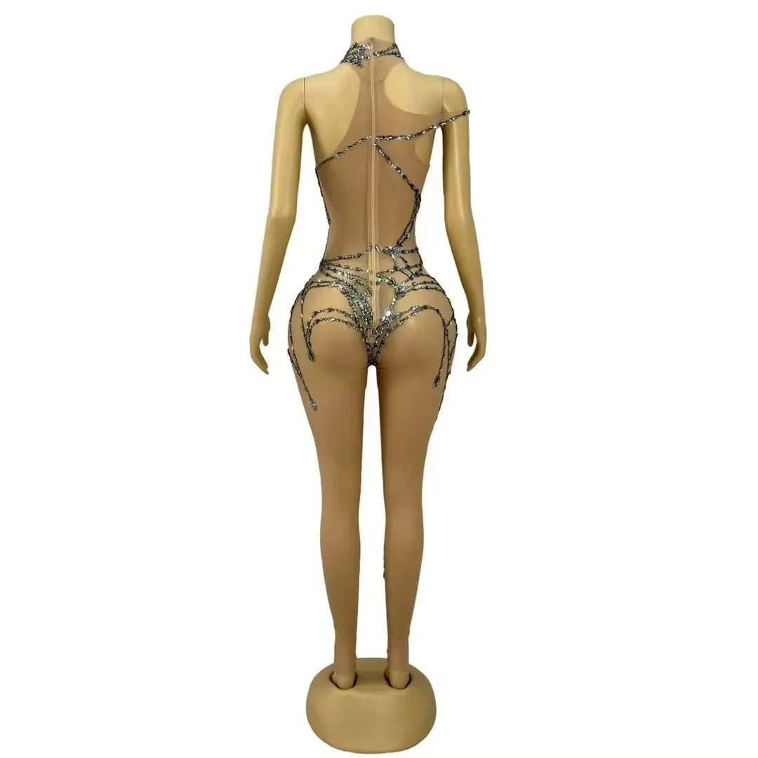 タイトなジャンプスーツバーナイトクラブセクシーな透明な光沢のあるラインストーンレオタードパフォーマンスダンス服フェスティバルパーティーコスプレ衣装