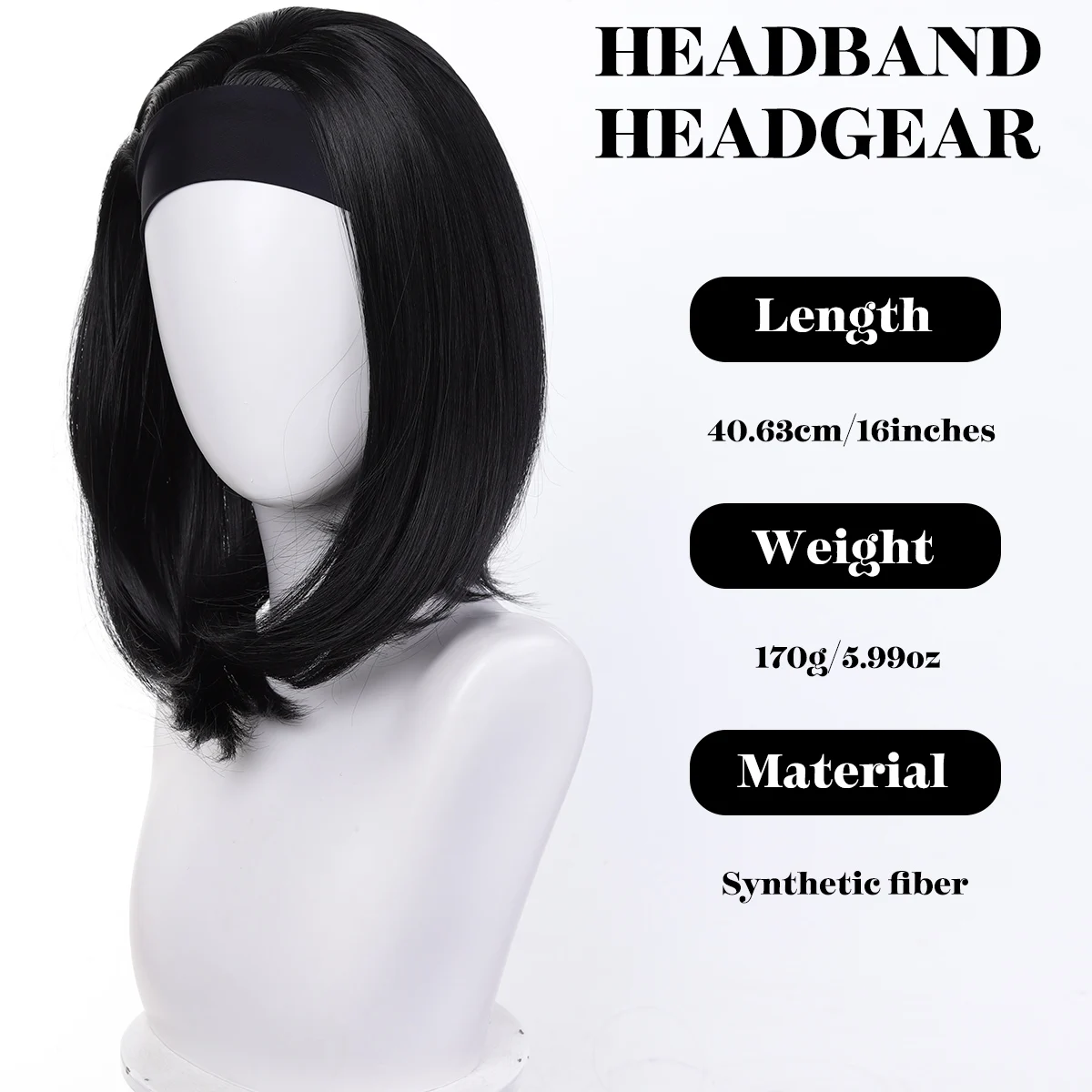 شعر مستعار صناعي أسود على شكل عصابة رأس للمرأة الأفريقية شعر مستعار قصير مستقيم 16 بوصة أسود مقاوم للحرارة #2