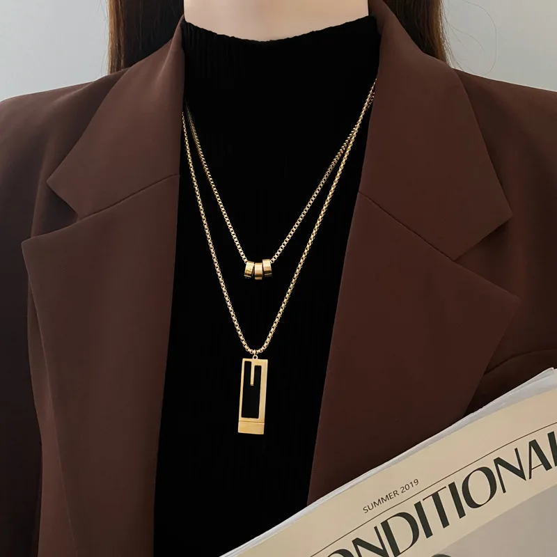 LATS Double-layer Square Pendant Stainless Steel Necklace for Womens Gold Color Exquisite Sweater Chain 2023 New Fashion Jewelry