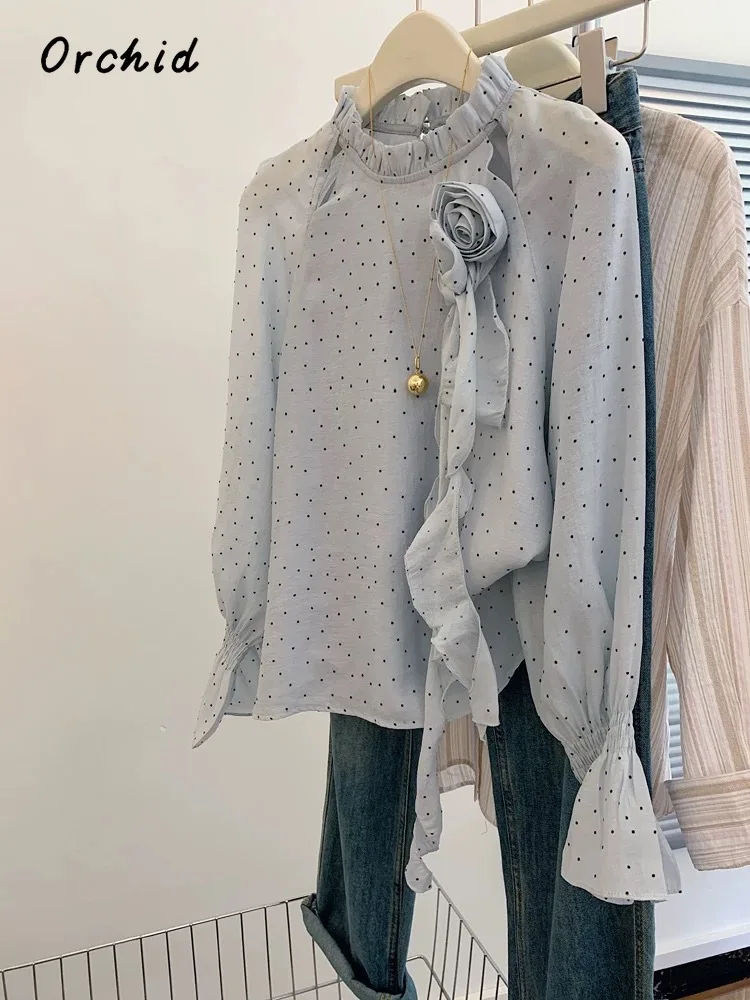 2025 Spring Elegant 3D Floral Round Neck Long Sleeve Shirt Women Causal Chic Soft Blouses Single Breasted Dots Print Tees Top