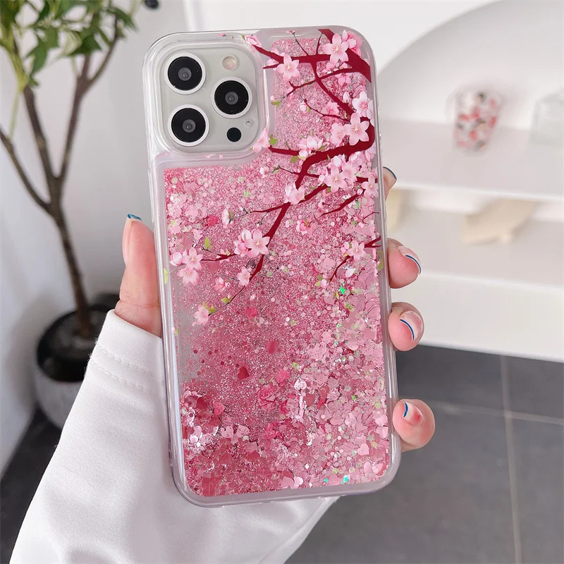 Peach Blossom Glitter Hearts 16 Case Cover for iPhone 15 14/13 Pro Max Quicksand Silicone Soft Shell Moving Sand Liquid Coque