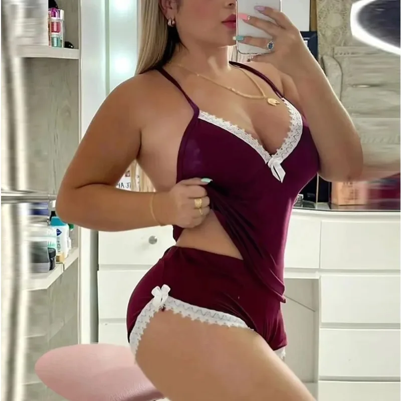 Women's Sexy Pajamas Halter Babydoll Lingerie Set Lace Trim Side Slit Chemise Nightwear with Star Leopard Print Intimate Wear