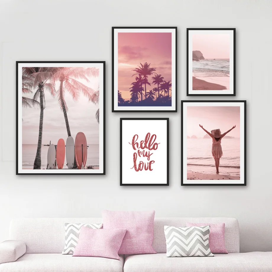 Pink Beach Landscape Wall Art Mural Surf Board Sea Wave Palm Tree Van Car Canvas Painting Poster Print Living Room Home Decor