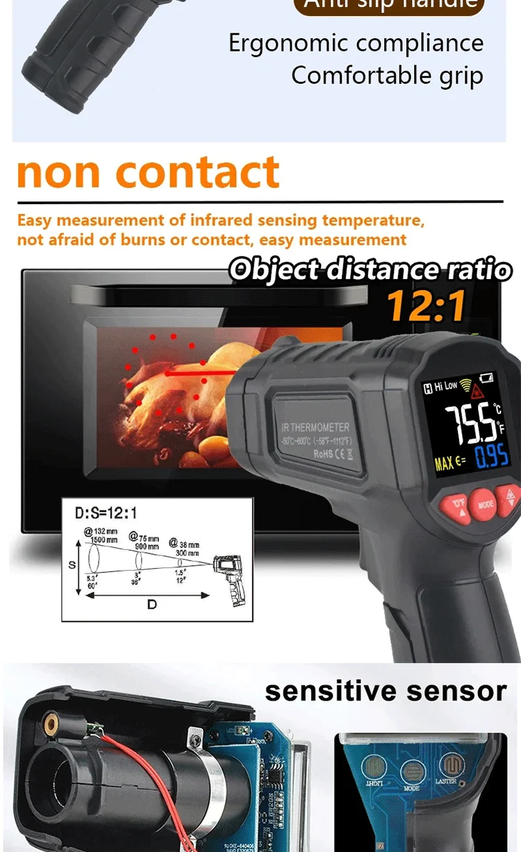 Digitales Thermometer Infrarot-Thermometer -50~600 ℃ 800 ℃ Berührungsloses Pyrometer für die Küche, Laser-Temperaturmessgerät und Hygrometer – Detail 7