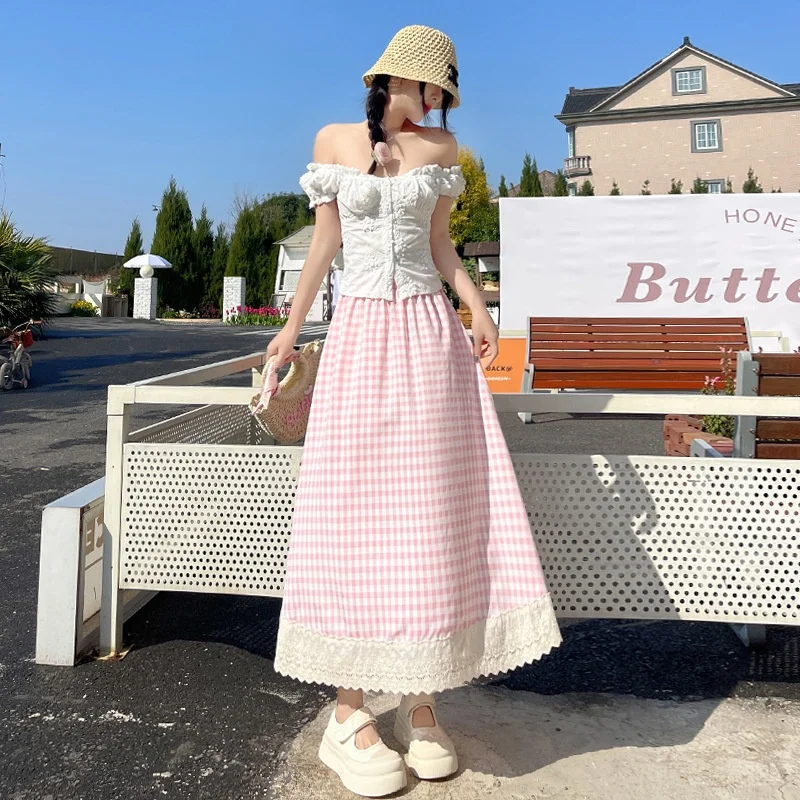 Лесной стиль, клетчатая юбка-миди в студенческом стиле с кружевной отделкой, летняя женская винтажная повседневная юбка средней длины, кружевная лоскутная юбка трапециевидной формы