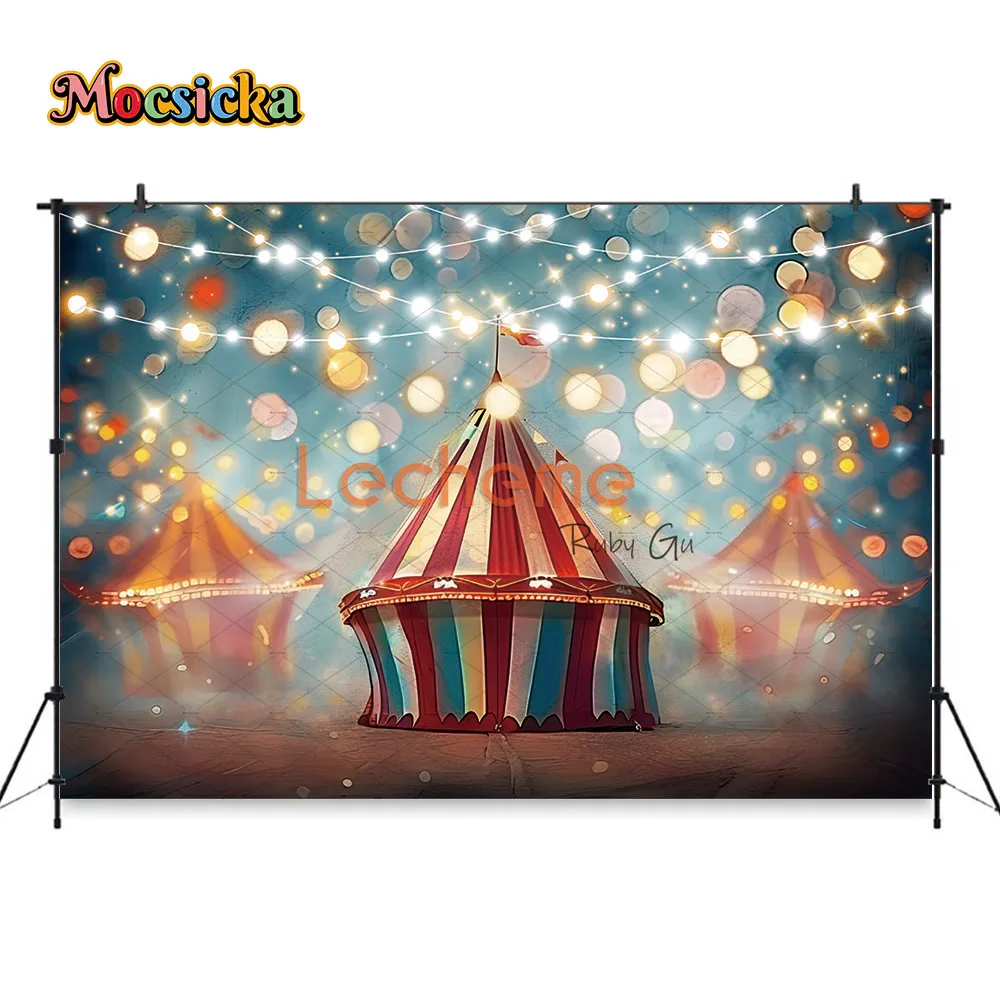Mocsicka Zirkus-Themen-Fest-Fotografie-Hintergrund, glitzernde Lichter, roter Zelt-Hintergrund, Kindergeburtstag, Party, Kuchen zerschlagen, Fotostudio
