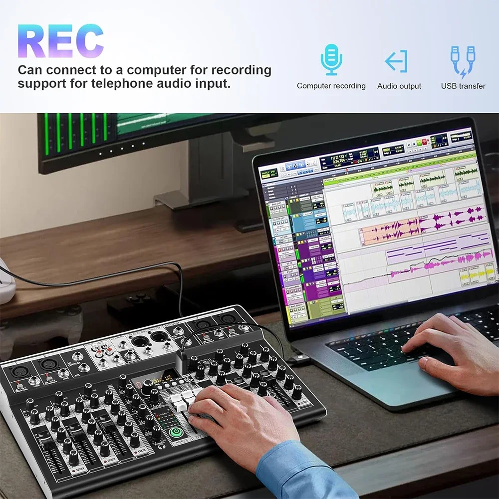 DJ Mixer 8 Channel Audio Mixer Bluetooth USB Audio Interface 48V Phantom Power 99 DSP FX Reverb Delay Effect for KTV Party DGNOG